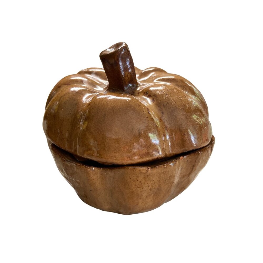 Rustic Brown Ceramic Pumpkin Dish Lidded Bowl Fall Harvest Cottagecore Decor